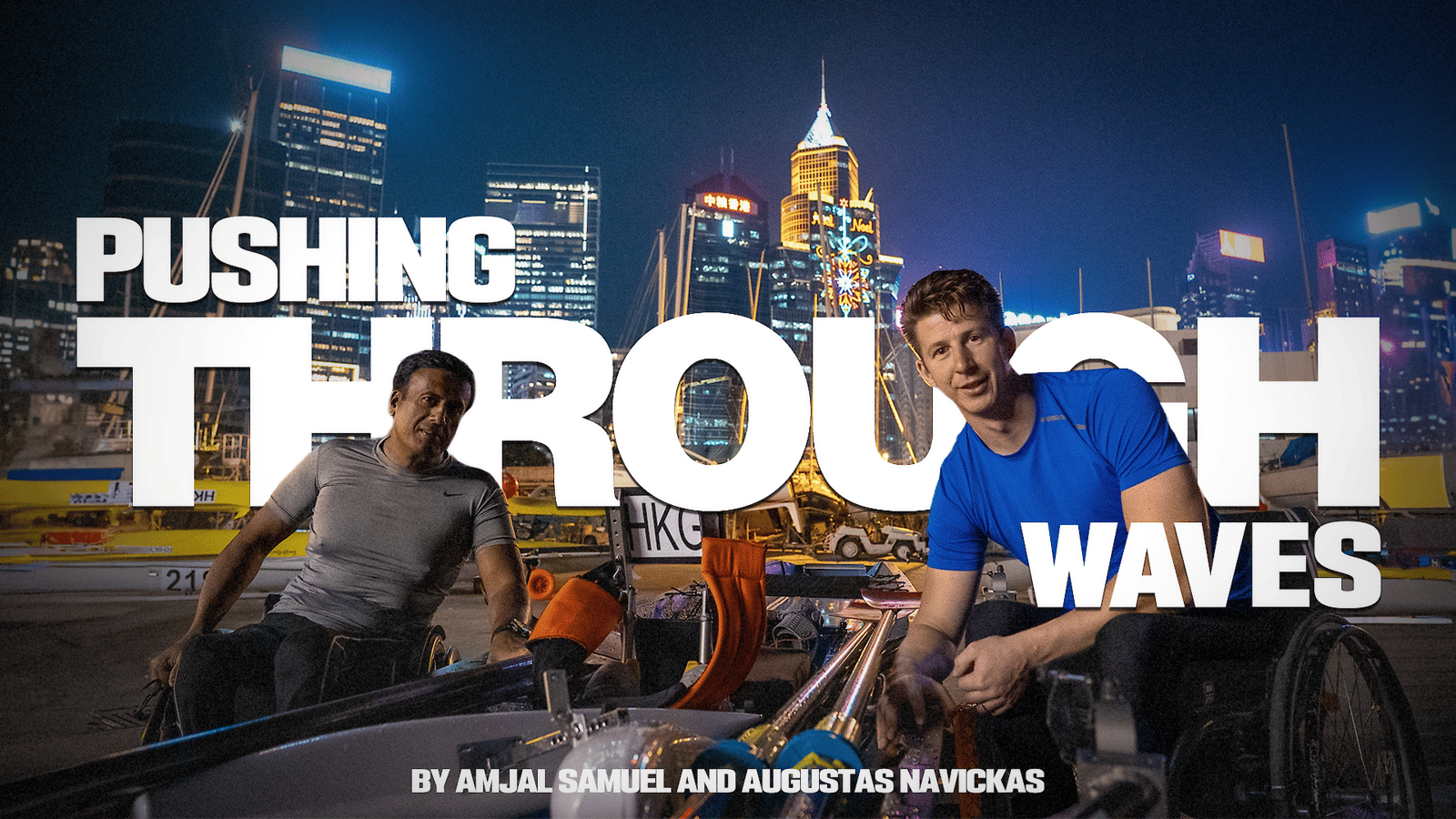 Ajmal Samuel and Augustas Navivkas beside their rowing boat in Hong Kong